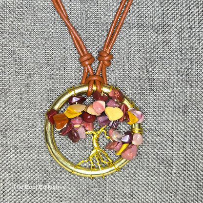 Mookaite Tree of Life Pendant on Gold Tone Frame on Saddle Brown Leather - Adjustable Style