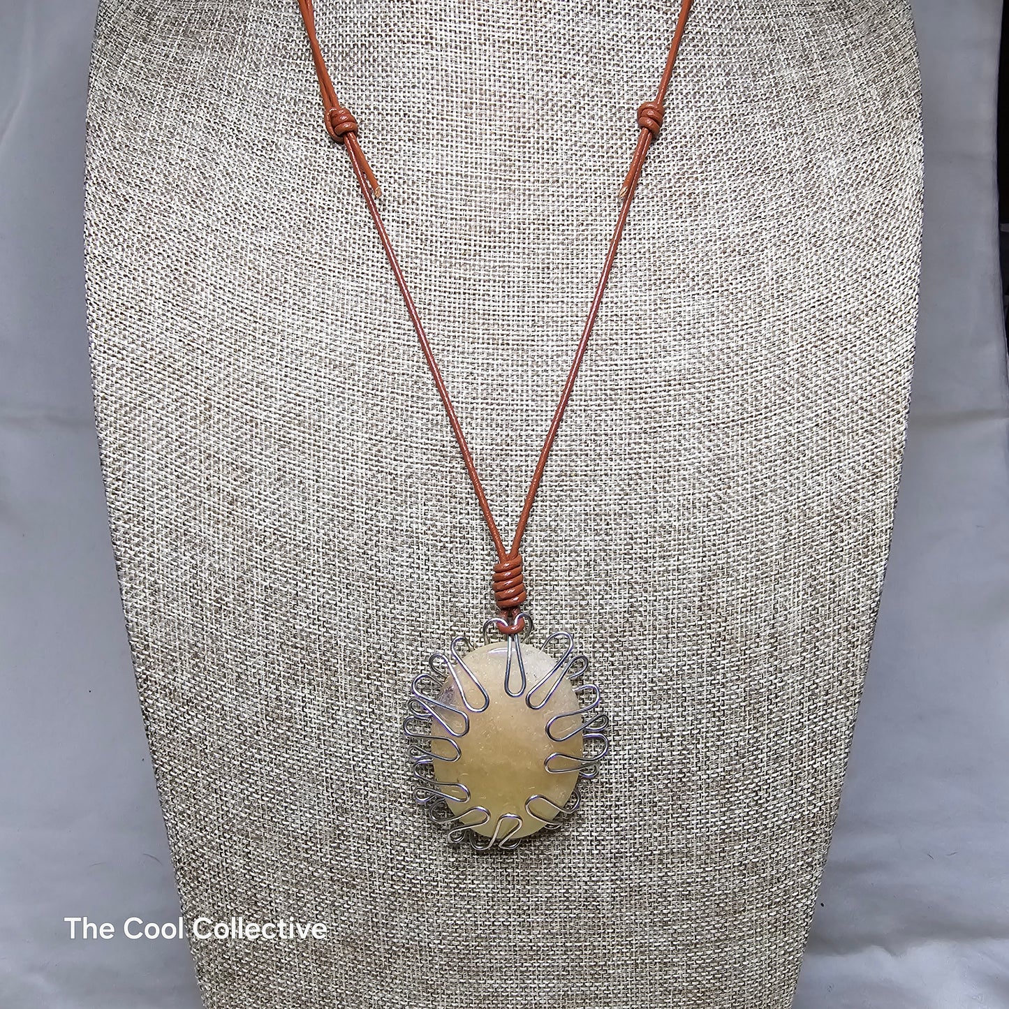 Peach Color Gemstone Curvy Silver Tone Wrapped on Saddle Brown Leather Adjustable Style