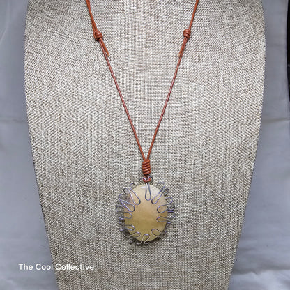 Peach Color Gemstone Curvy Silver Tone Wrapped on Saddle Brown Leather Adjustable Style