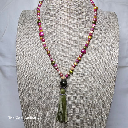 Multicolor Freshwater Pearls on Olive Green Deer Tan & Tassel With Silver Tone Accents