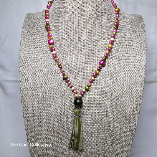 Multicolor Freshwater Pearls on Olive Green Deer Tan & Tassel With Silver Tone Accents