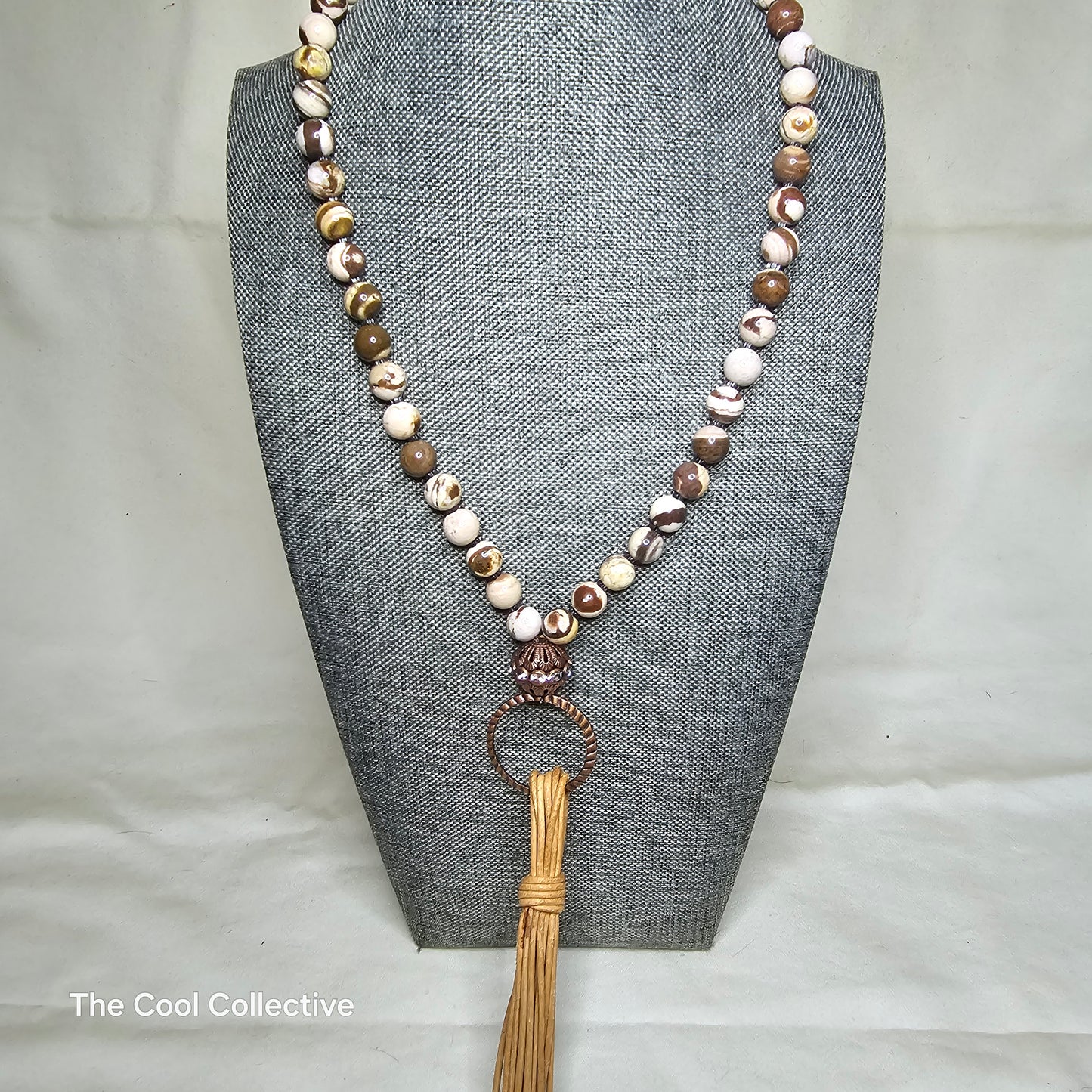 Zebra Jasper & Hematite Natural Tan Leather Tassel Necklace With Antique Copper Focal & Accents - Adjustable Style