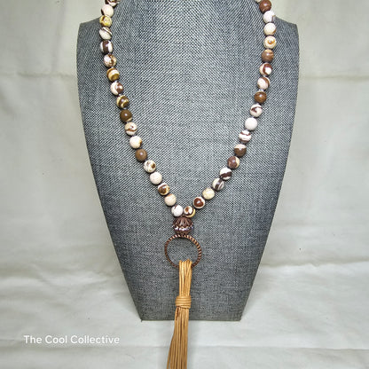 Zebra Jasper & Hematite Natural Tan Leather Tassel Necklace With Antique Copper Focal & Accents - Adjustable Style