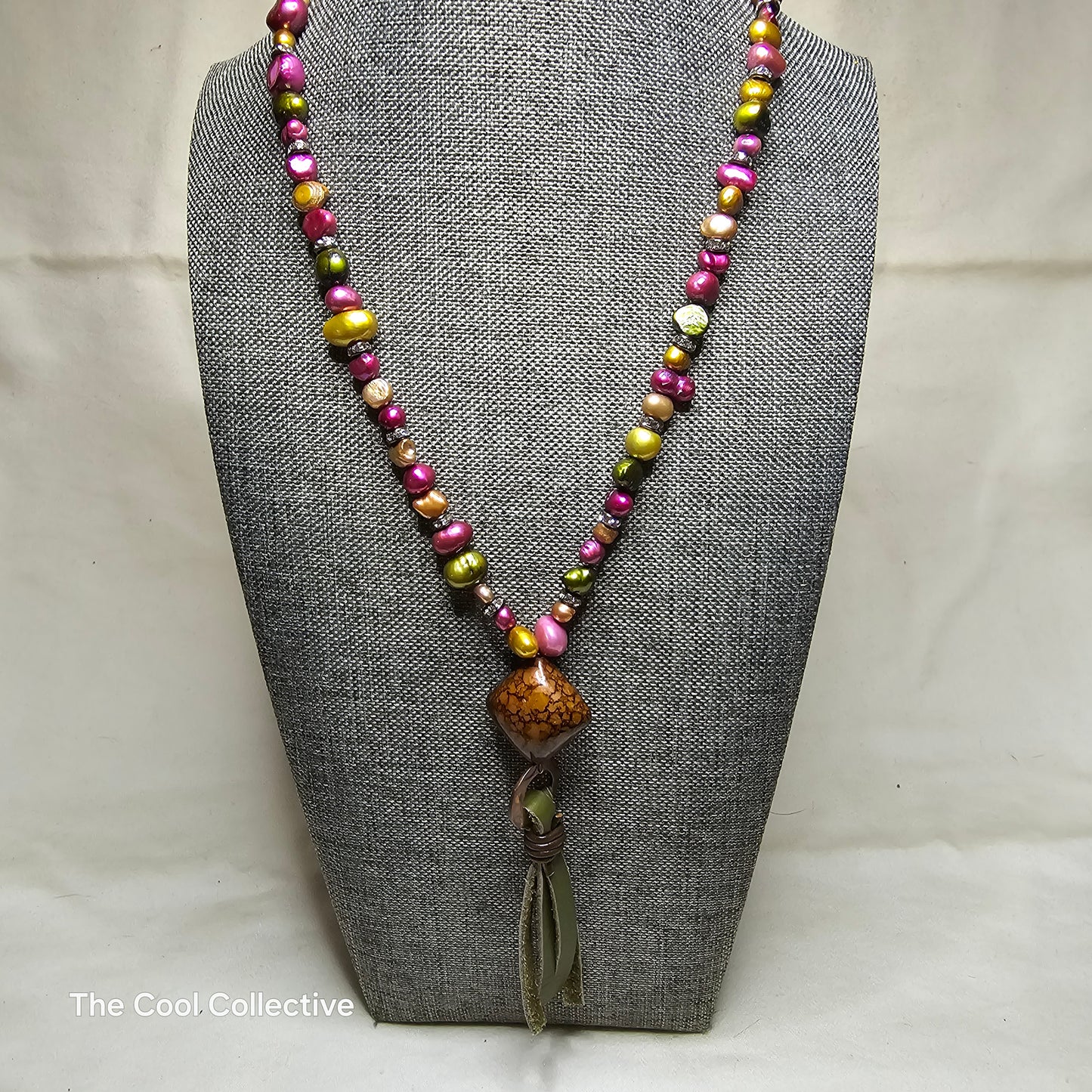 Multicolor Freshwater Pearls & Crystal Rondelles & Olive Green Deer Tan & Antique Copper Accents