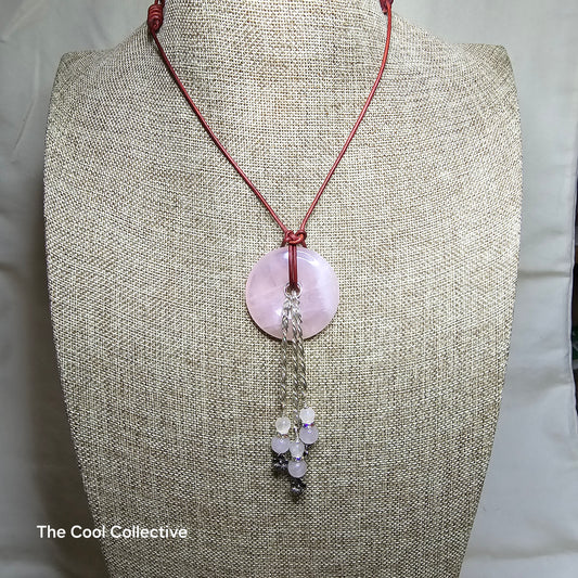 Rose Quartz Donut & Beads, Silver Tone Chain Tassels and Accents on Turkish Red Leather - Adjustable Style and Earrings