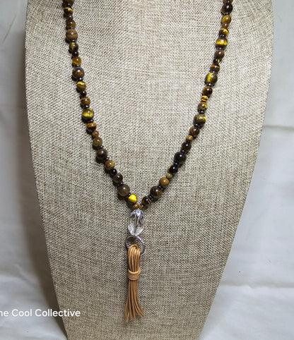 Tiger's Eye & Hematite Tassel Necklace on Natural Tan Leather, a Crystal Focal & Silver Tone Accents - Adjustable Style