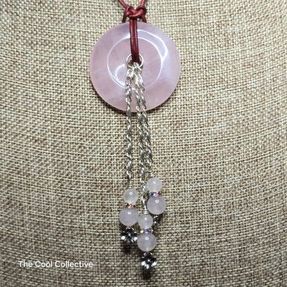 Rose Quartz Donut & Beads, Silver Tone Chain Tassels and Accents on Turkish Red Leather - Adjustable Style and Earrings