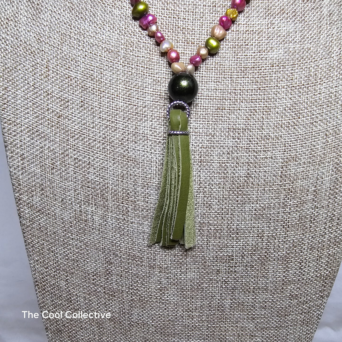 Multicolor Freshwater Pearls on Olive Green Deer Tan & Tassel With Silver Tone Accents