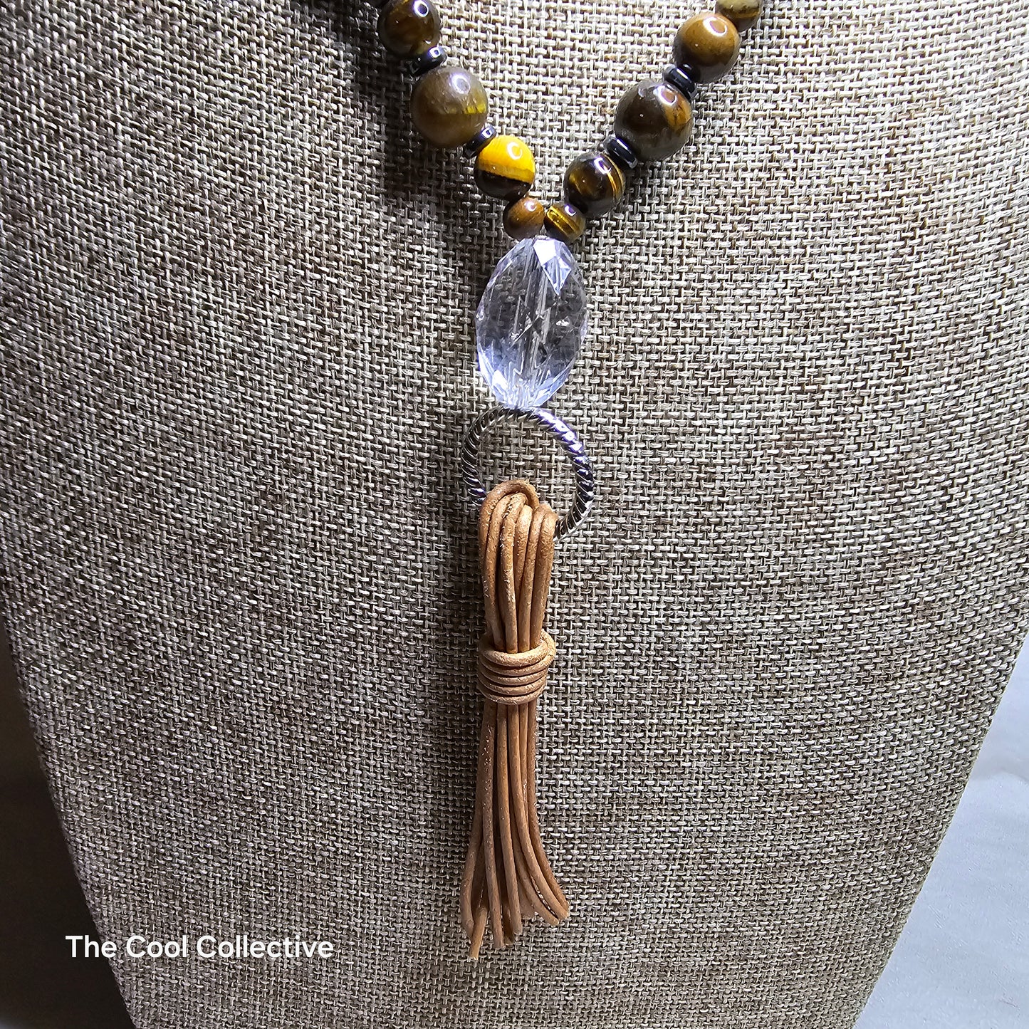 Tiger's Eye & Hematite Tassel Necklace on Natural Tan Leather, a Crystal Focal & Silver Tone Accents - Adjustable Style