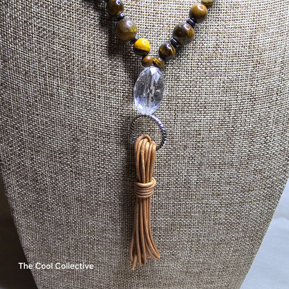 Tiger's Eye & Hematite Tassel Necklace on Natural Tan Leather, a Crystal Focal & Silver Tone Accents - Adjustable Style