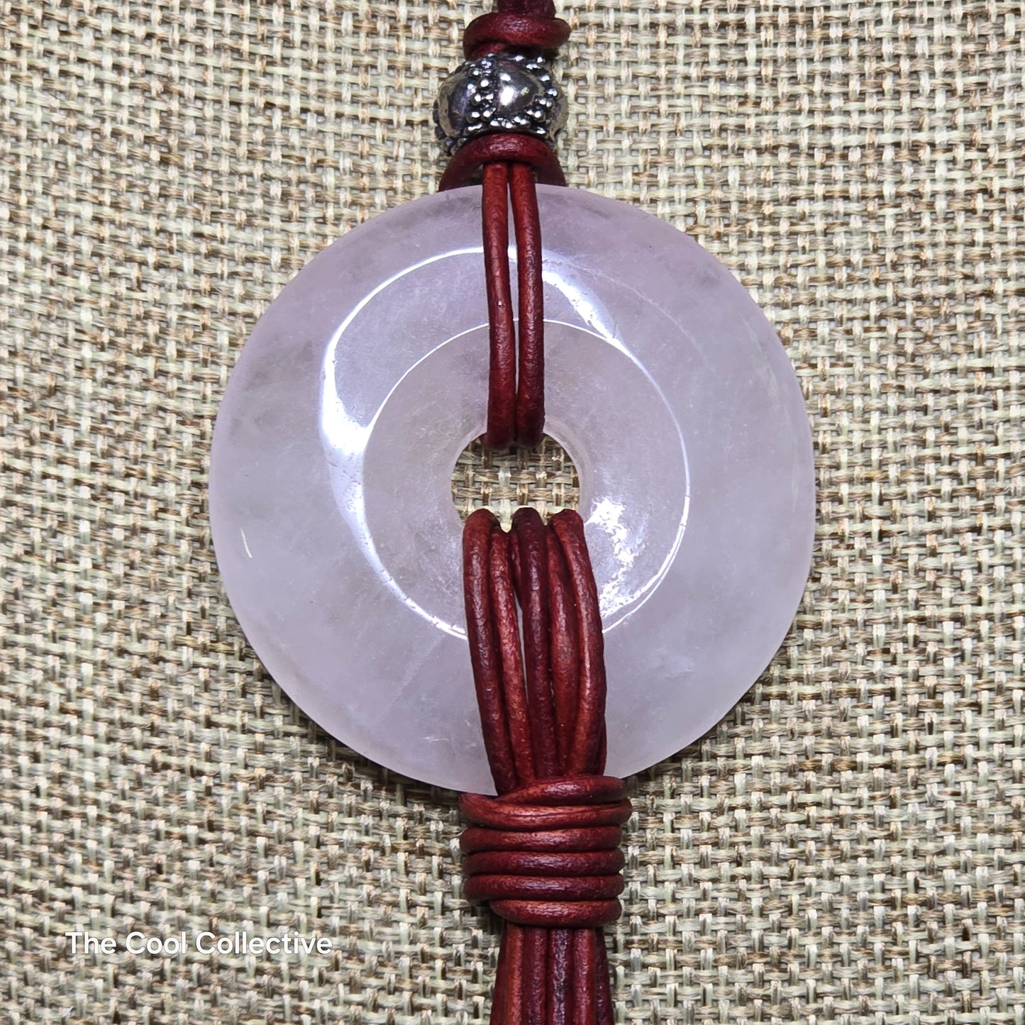 Rose Quartz Donut on Turkish Red Leather Tassel Necklace & Freshwater Pearls in Pink & White and Silver Tone Accents - Adjustable Style