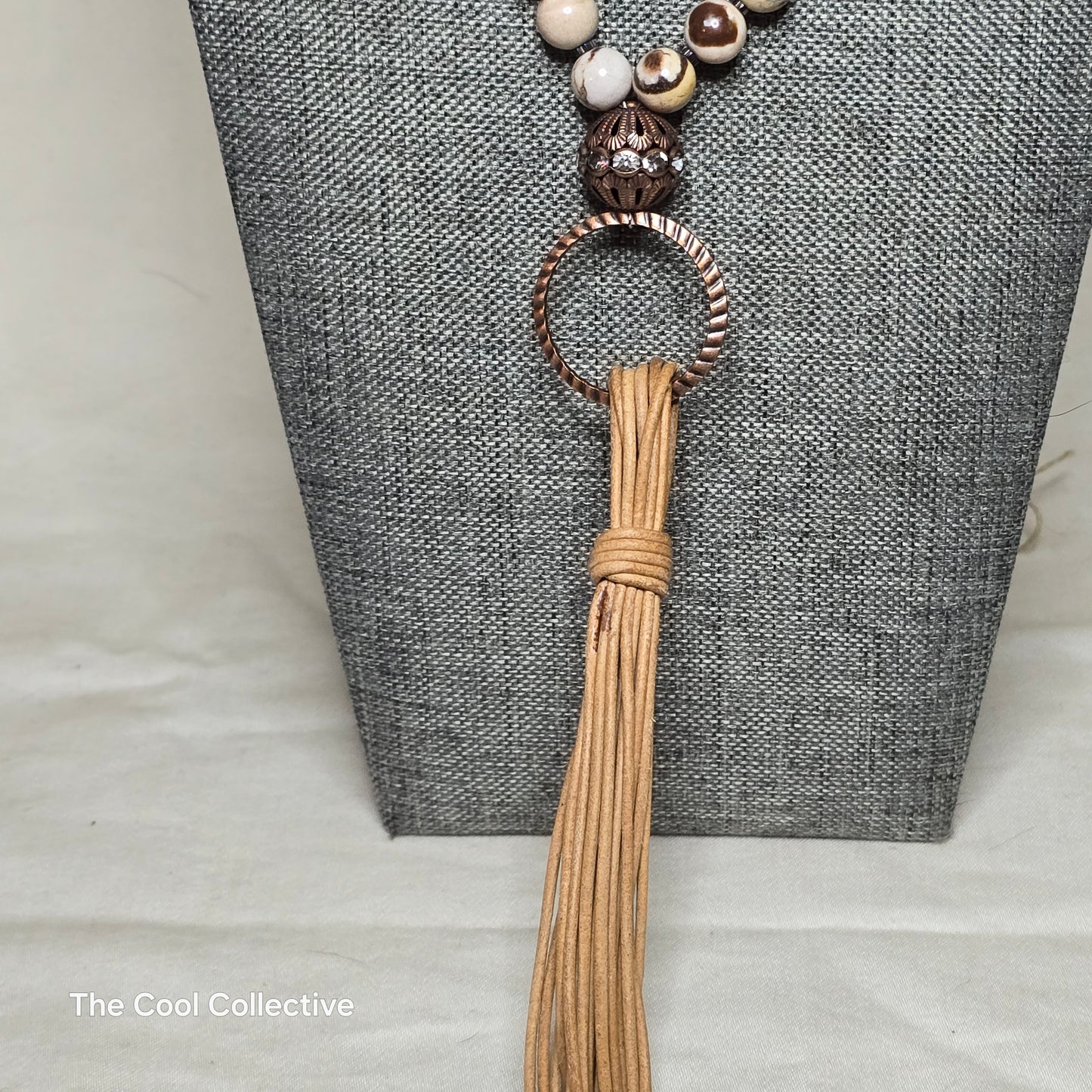 Zebra Jasper & Hematite Natural Tan Leather Tassel Necklace With Antique Copper Focal & Accents - Adjustable Style