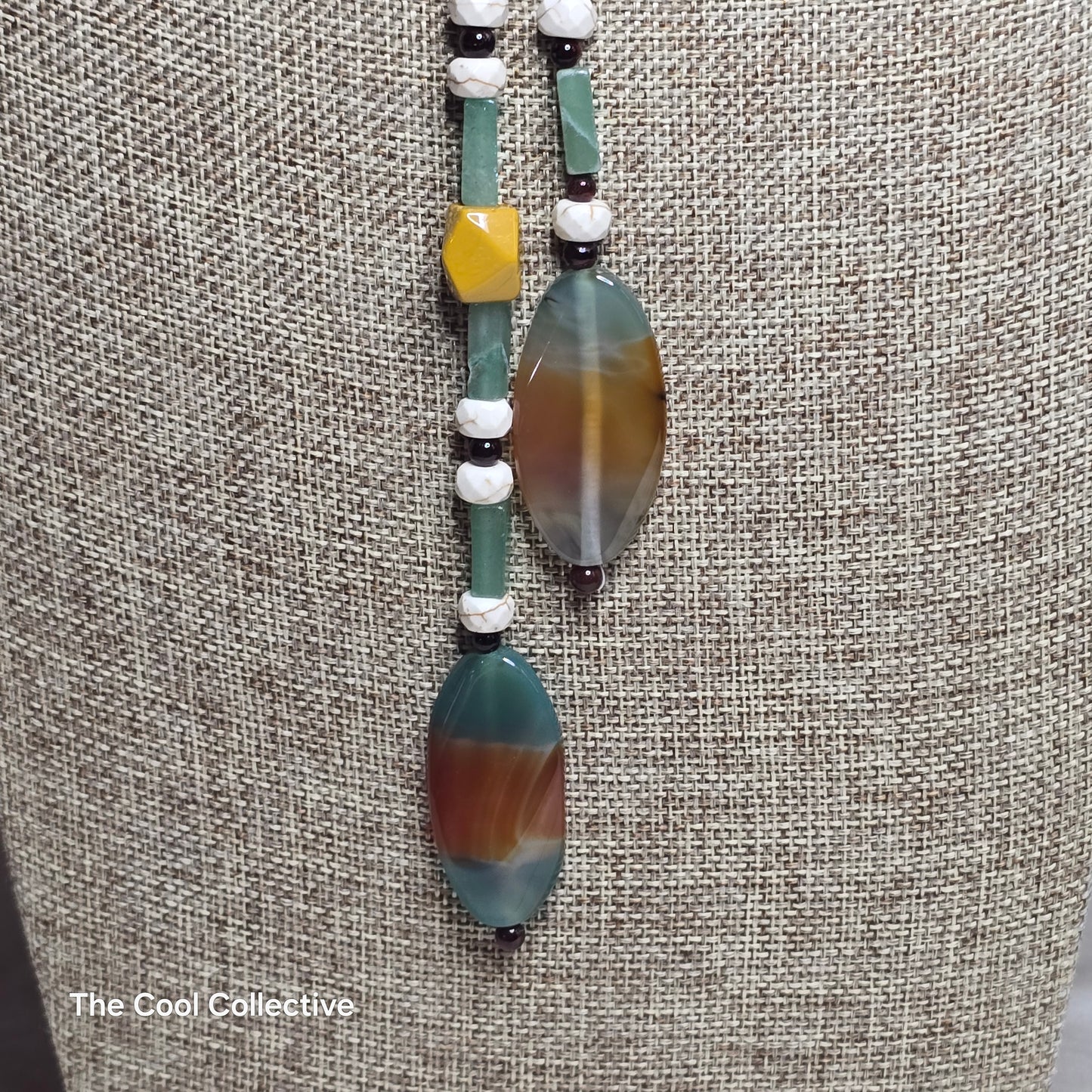 Green Banded Agate on Natural Brown Leather Lariat With White Howlite, Red Tiger's Eye, Green Aventurine and Golden Mookaite