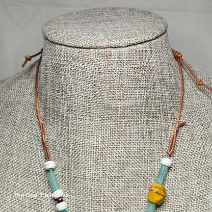 Green Banded Agate on Natural Brown Leather Lariat With White Howlite, Red Tiger's Eye, Green Aventurine and Golden Mookaite