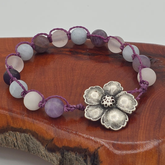 Hand-Knotted Bracelet Featuring Matte Amethyst, Rose Quartz, and Clear Quartz and Dogwood Bloom Button Closure