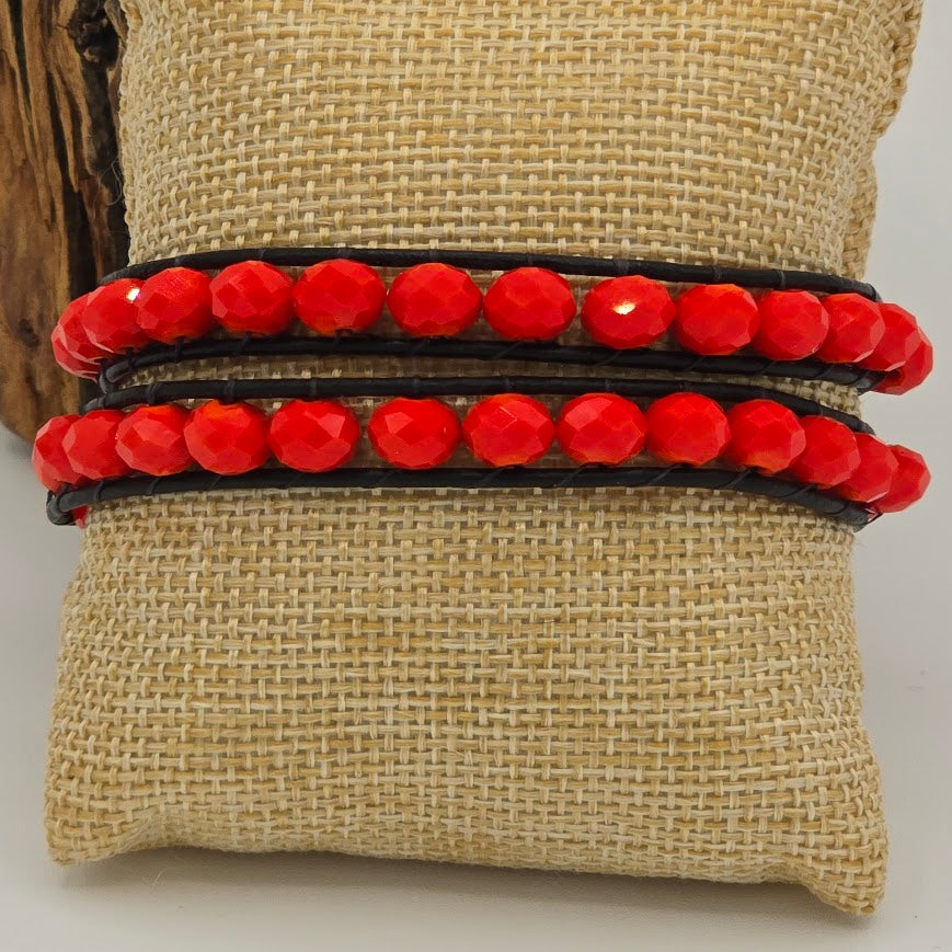 Red-Orange Crystals Double Wrap Bracelet with Periwinkle Blossom Closure