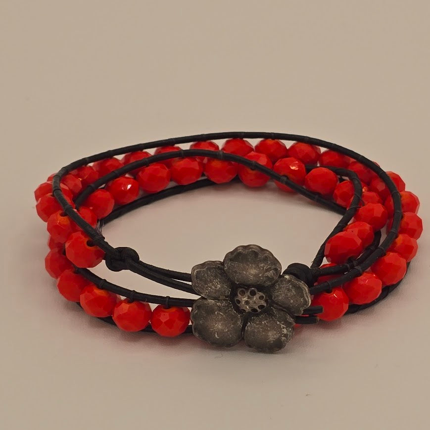 Red-Orange Crystals Double Wrap Bracelet with Periwinkle Blossom Closure