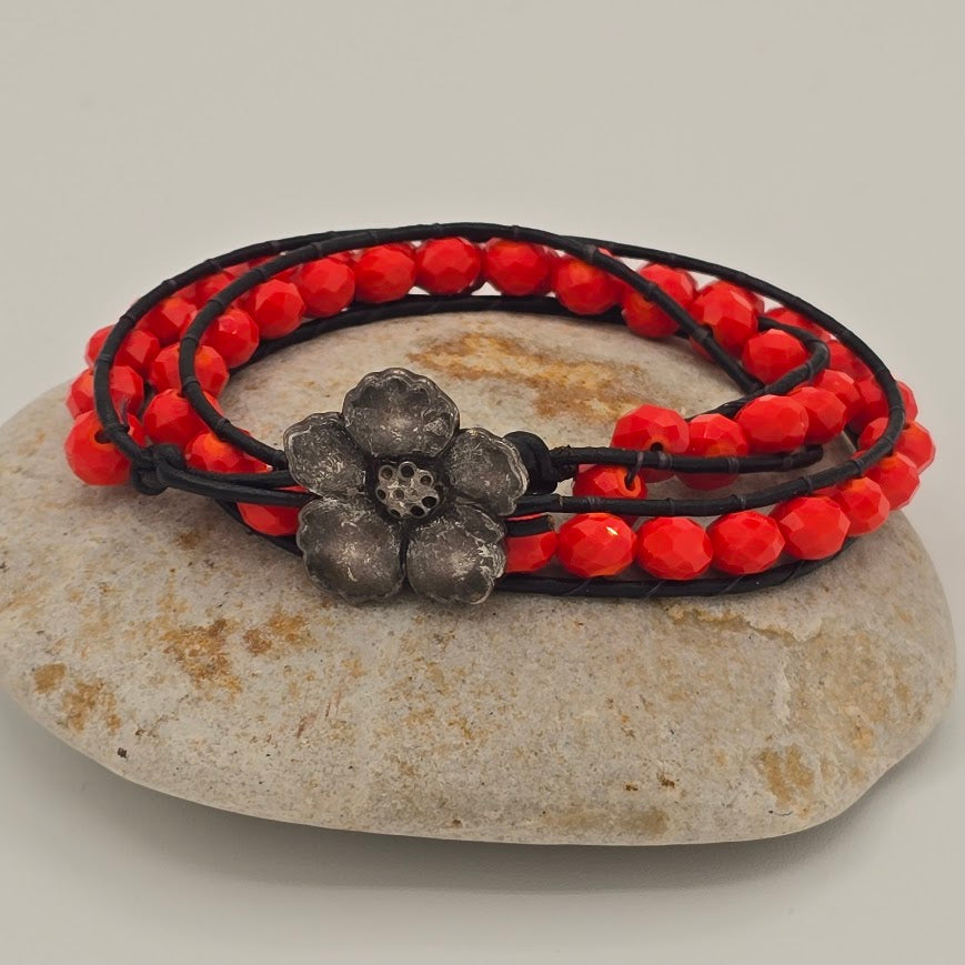 Red-Orange Crystals Double Wrap Bracelet with Periwinkle Blossom Closure