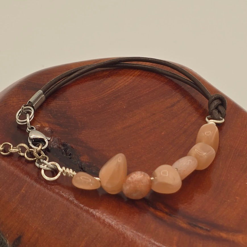 Handmade Jewelry; Sunstone Nuggets with Dark Brown Leather and Extender Chain; Tina Lucas; The Cool Collective; Woman-Owned Small Business