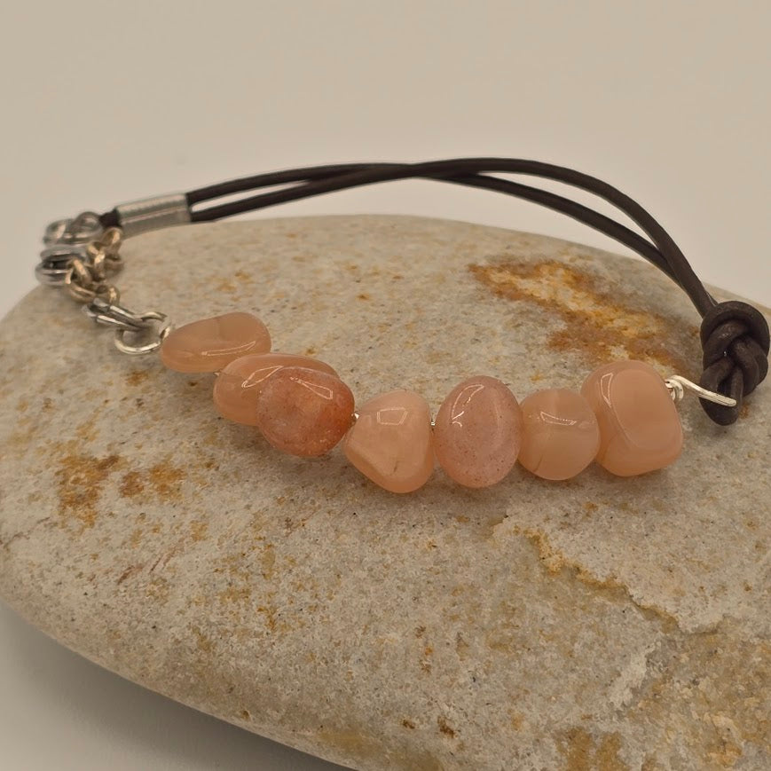 Handmade Jewelry; Sunstone Nuggets with Dark Brown Leather and Extender Chain; Tina Lucas; The Cool Collective; Woman-Owned Small Business