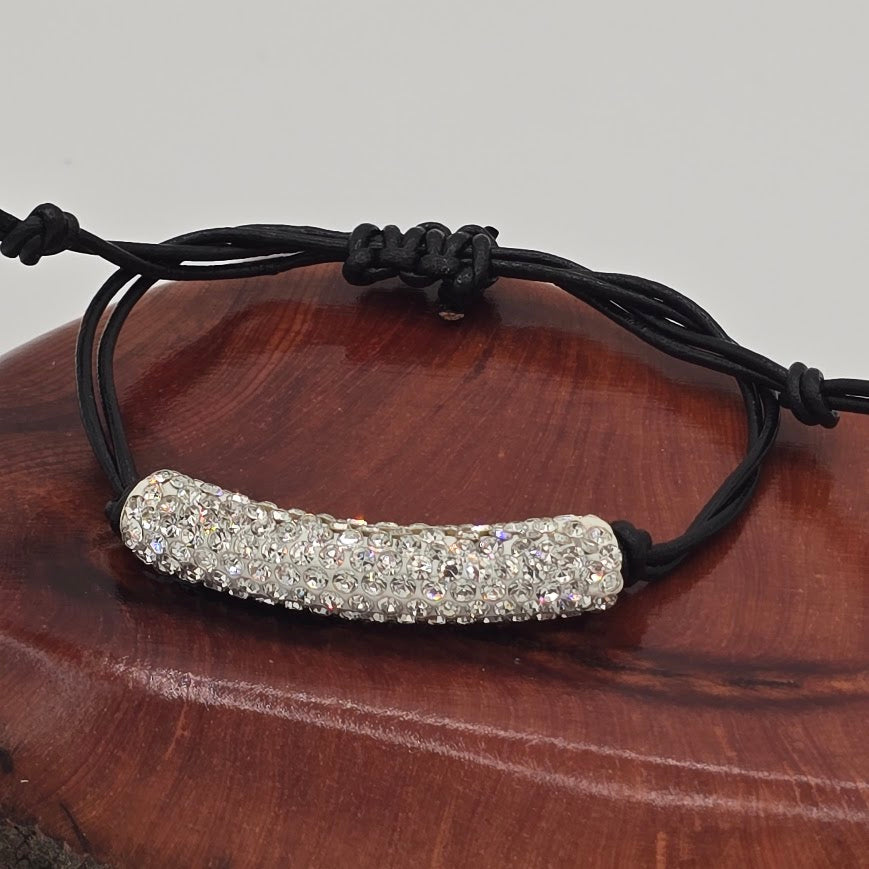 Handmade Jewelry; Sparkly Tube Focal on Black Leather with Adjustable Closure; Tina Lucas; The Cool Collective; Woman-Owned Small Business