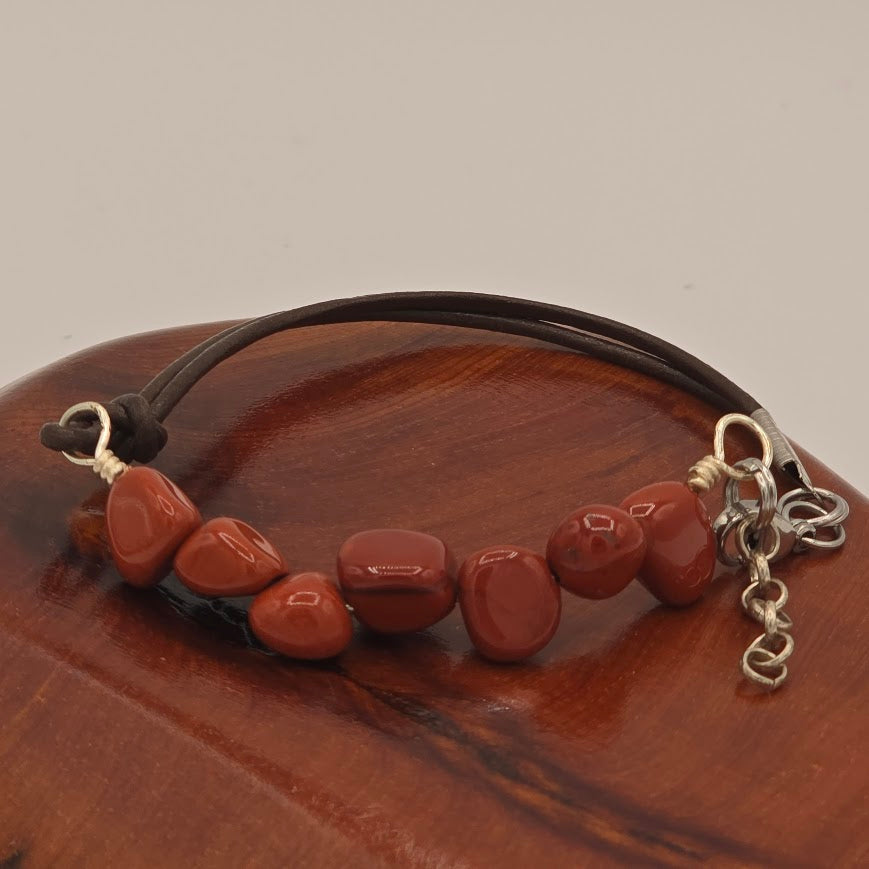 Handmade Jewelry;  Red Jasper Nuggets with Dark Brown Leather and Extender Chain; Tina Lucas; The Cool Collective; Woman-Owned Small Business