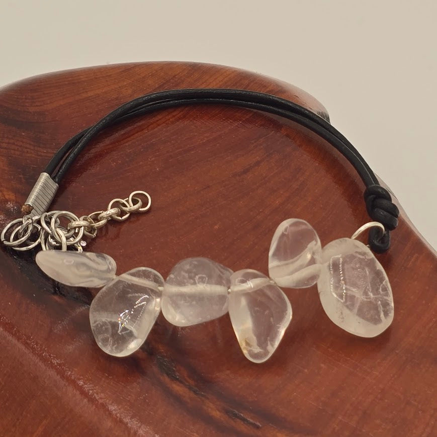 Handmade Jewelry;  Rock Crystal Quartz with Black Leather and Extender Chain; Tina Lucas; The Cool Collective; Woman-Owned Small Business