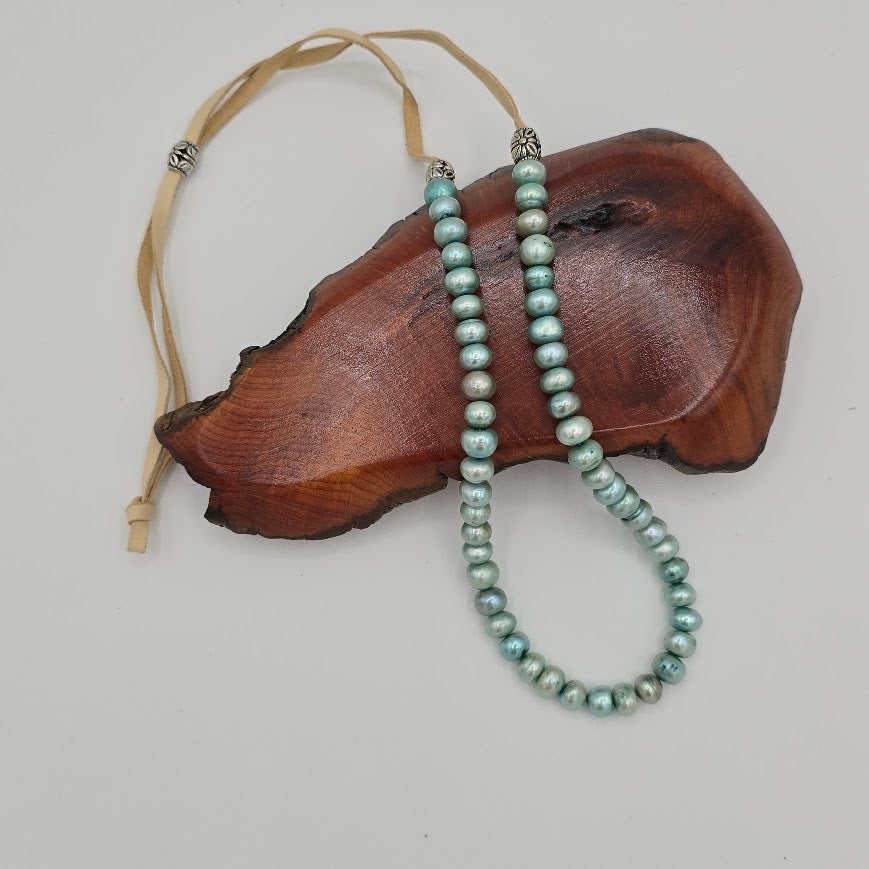 Blue Button Freshwater Pearls Necklace on Cream Leather; Adjustable Necklace