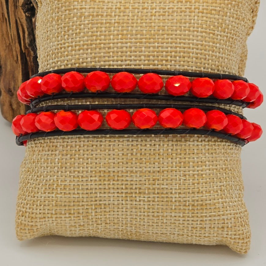 Red-Orange Crystals Double Wrap Bracelet with Periwinkle Blossom Closure