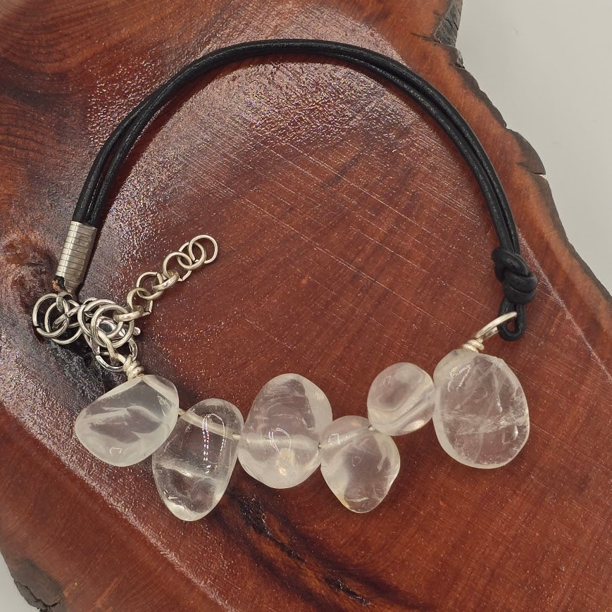 Handmade Jewelry;  Rock Crystal Quartz with Black Leather and Extender Chain; Tina Lucas; The Cool Collective; Woman-Owned Small Business