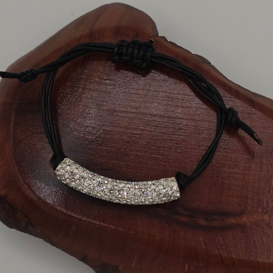 Handmade Jewelry; Sparkly Tube Focal on Black Leather with Adjustable Closure; Tina Lucas; The Cool Collective; Woman-Owned Small Business