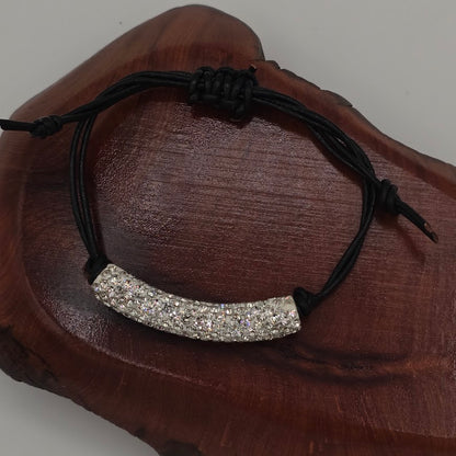 Handmade Jewelry; Sparkly Tube Focal on Black Leather with Adjustable Closure; Tina Lucas; The Cool Collective; Woman-Owned Small Business