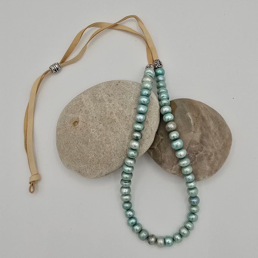 Blue Button Freshwater Pearls Necklace on Cream Leather; Adjustable Necklace