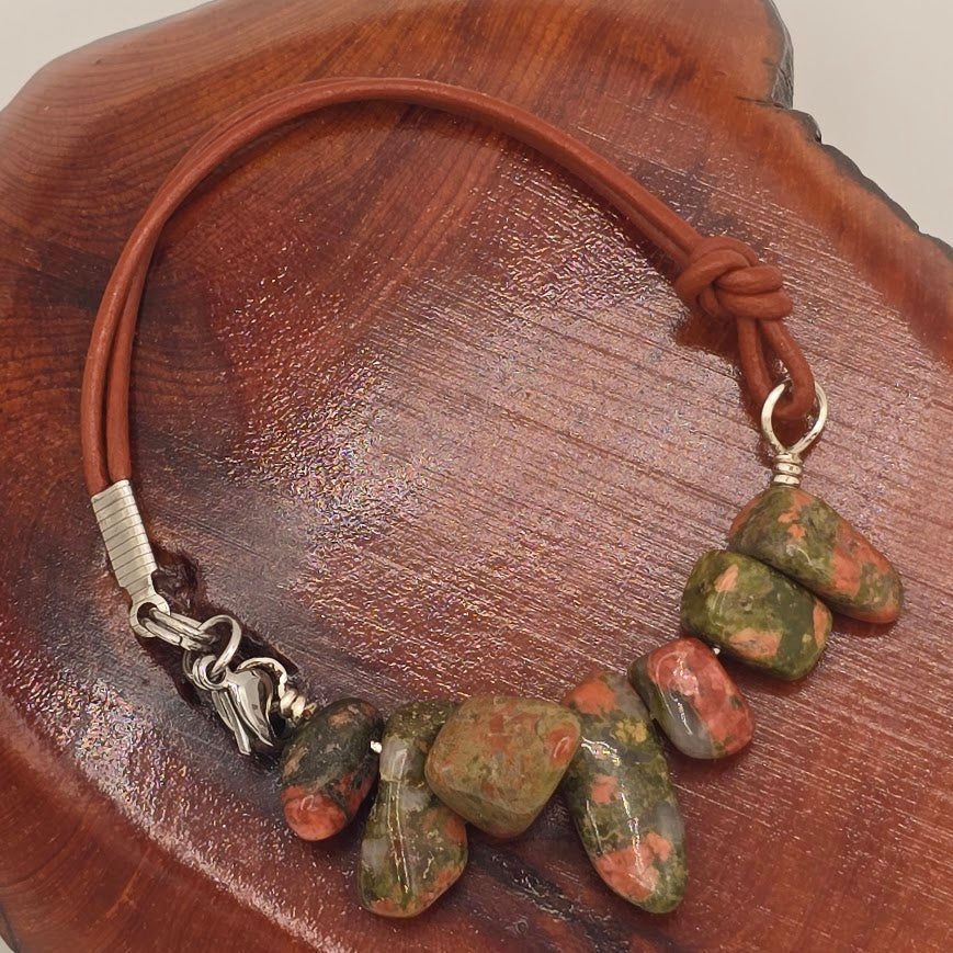 Handmade Jewelry;  Unakite with Medium Brown Leather and Extender Chain; Tina Lucas; The Cool Collective; Woman-Owned Small Business