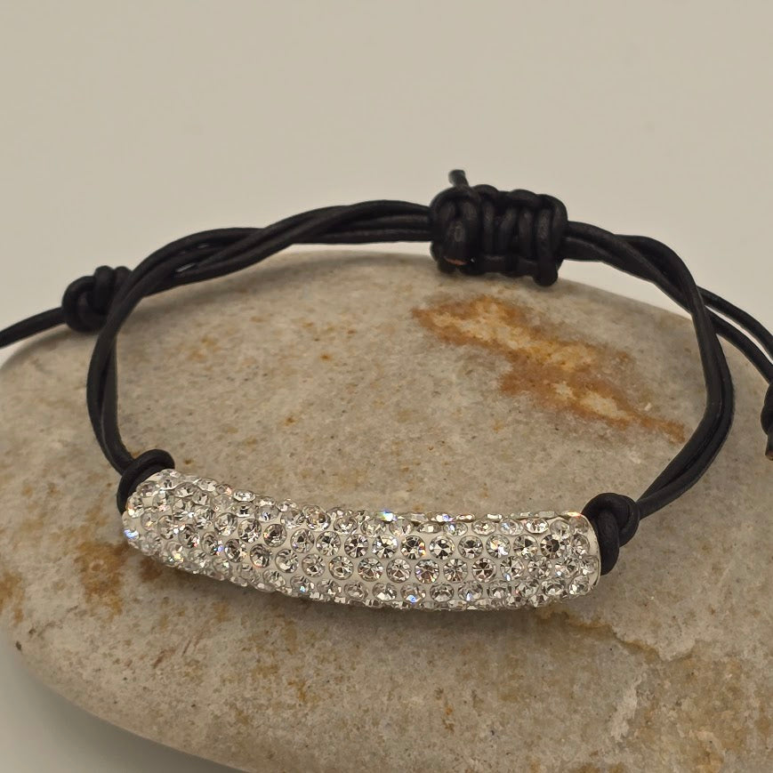 Handmade Jewelry; Sparkly Tube Focal on Black Leather with Adjustable Closure; Tina Lucas; The Cool Collective; Woman-Owned Small Business