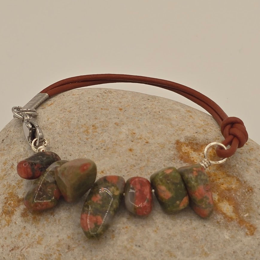 Handmade Jewelry;  Unakite with Medium Brown Leather and Extender Chain; Tina Lucas; The Cool Collective; Woman-Owned Small Business