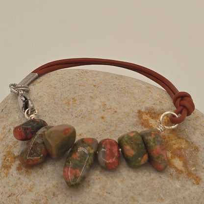 Handmade Jewelry;  Unakite with Medium Brown Leather and Extender Chain; Tina Lucas; The Cool Collective; Woman-Owned Small Business