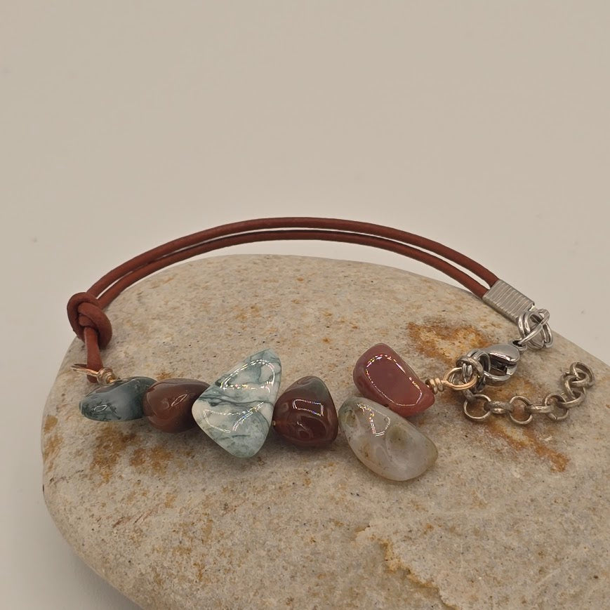 Handmade Jewelry; Fancy Jasper with Medium Brown Leather with Extender Chain; Tina Lucas; The Cool Collective; Woman-Owned Small Business