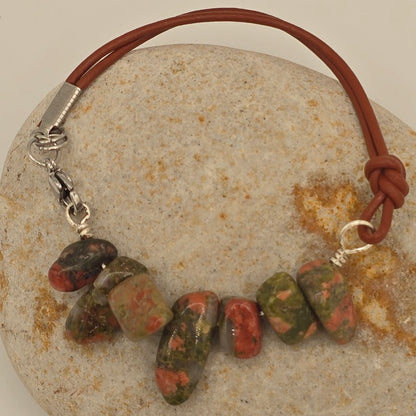Handmade Jewelry;  Unakite with Medium Brown Leather and Extender Chain; Tina Lucas; The Cool Collective; Woman-Owned Small Business