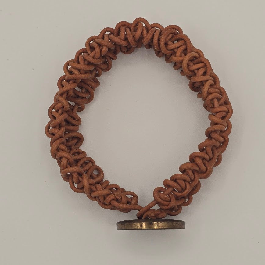 Handmade Jewelry;  Woven Natural Tan Leather and Large Decorative Button Tina Lucas; The Cool Collective; Woman-Owned Small Business