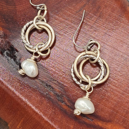 White Pearls and Mobius Earrings on Stainless Steel Wires