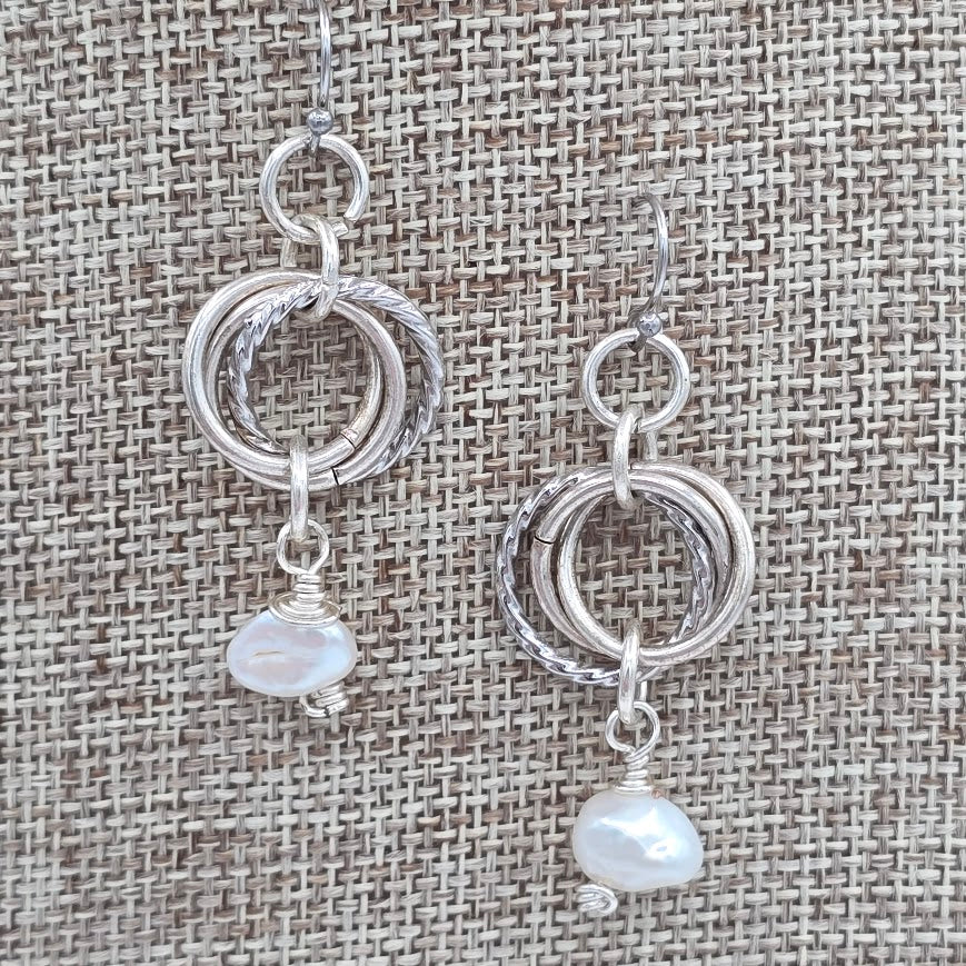 White Pearls and Mobius Earrings on Stainless Steel Wires