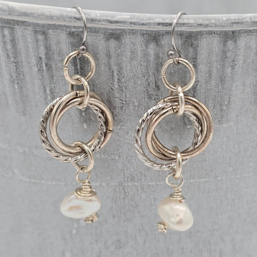 White Pearls and Mobius Earrings on Stainless Steel Wires