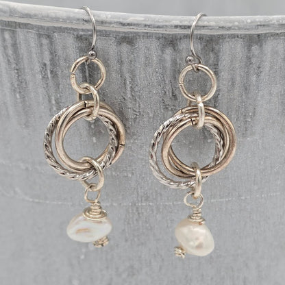 White Pearls and Mobius Earrings on Stainless Steel Wires