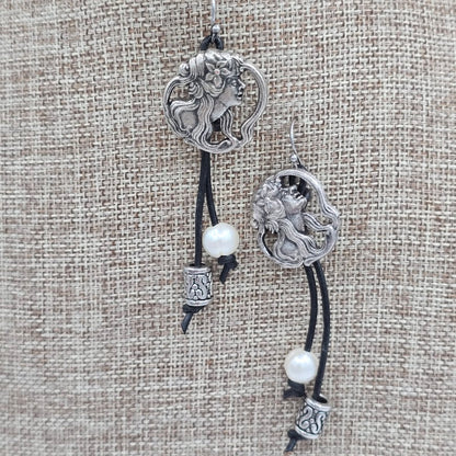 Goddess Button Earrings on Leather with Freshwater Pearls and Silver Tone Beads on Stainless Steel Ear Wires