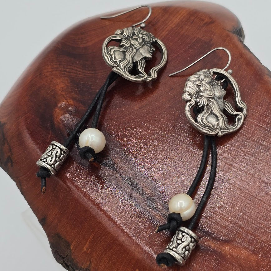 Goddess Button Earrings on Leather with Freshwater Pearls and Silver Tone Beads on Stainless Steel Ear Wires