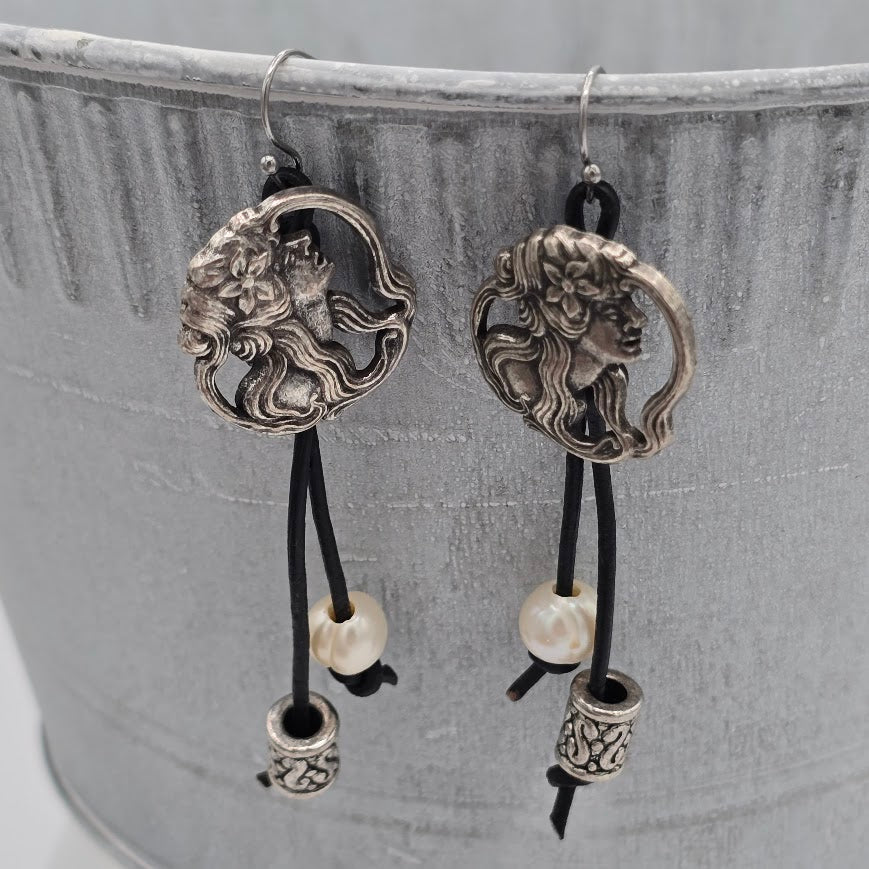 Goddess Button Earrings on Leather with Freshwater Pearls and Silver Tone Beads on Stainless Steel Ear Wires