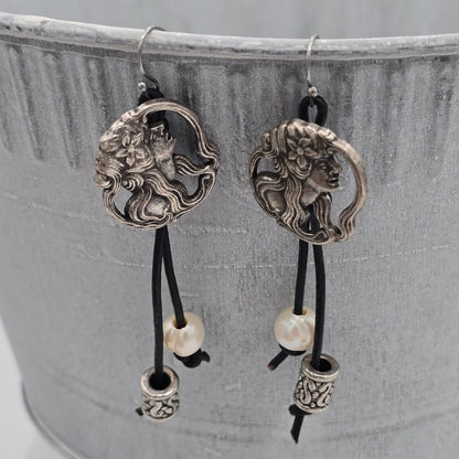 Goddess Button Earrings on Leather with Freshwater Pearls and Silver Tone Beads on Stainless Steel Ear Wires
