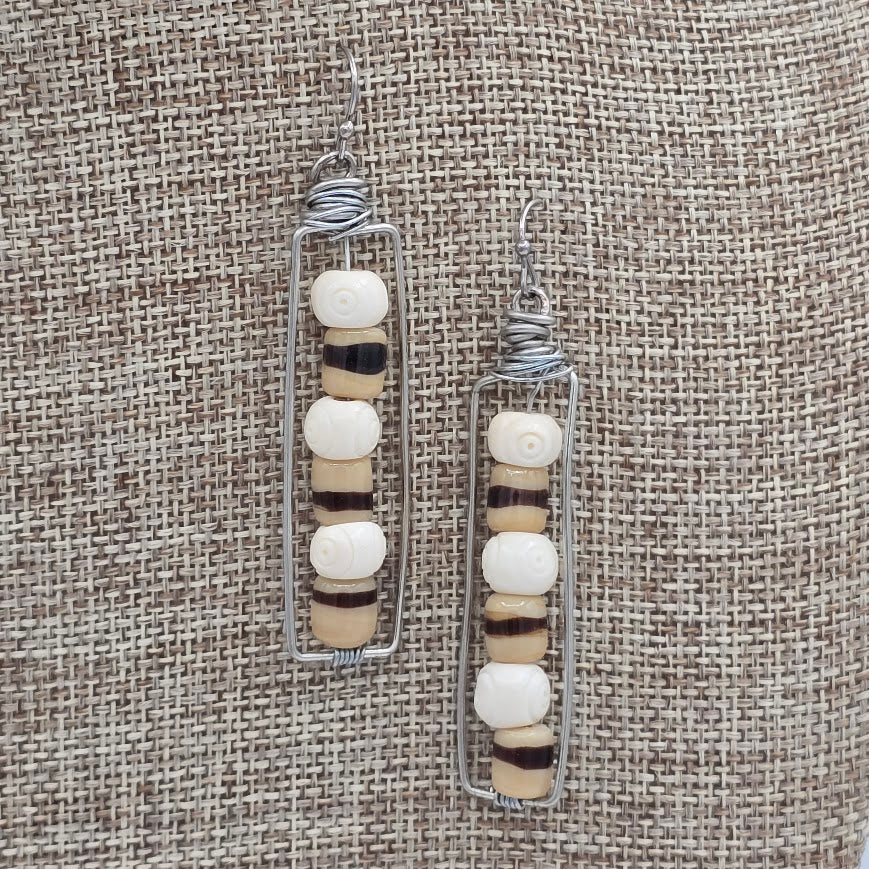 Silver Tone Wire Wrapped Earrings with Striped &amp; Carved Bone on Stainless Steel Ear Wires