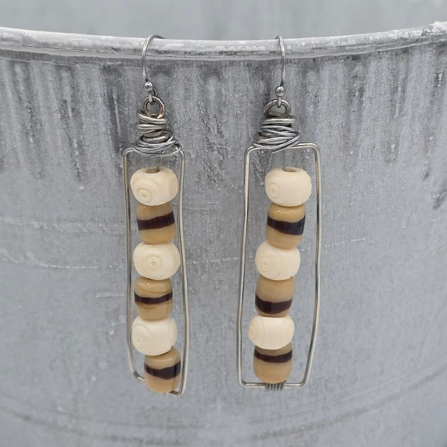 Silver Tone Wire Wrapped Earrings with Striped &amp; Carved Bone on Stainless Steel Ear Wires
